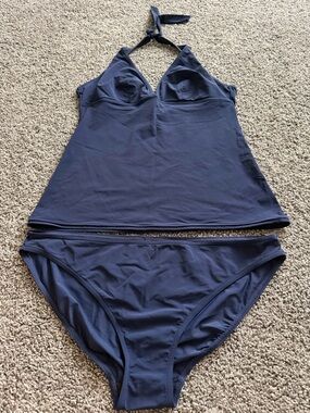 GapBody Navy Blue Tankini Set XL 2 Piece Halter Swim High Waisted Bottom